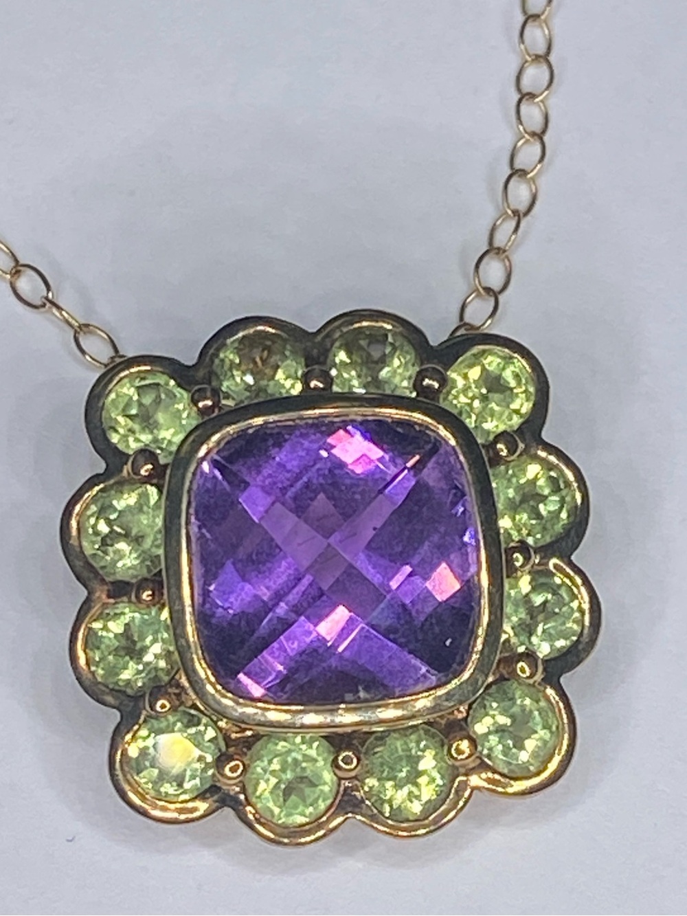 925 Gold Peridot Amethyst Pendant on 16” 585 Yellow Gold Vintage Chain Beautiful - Picture 2 of 12